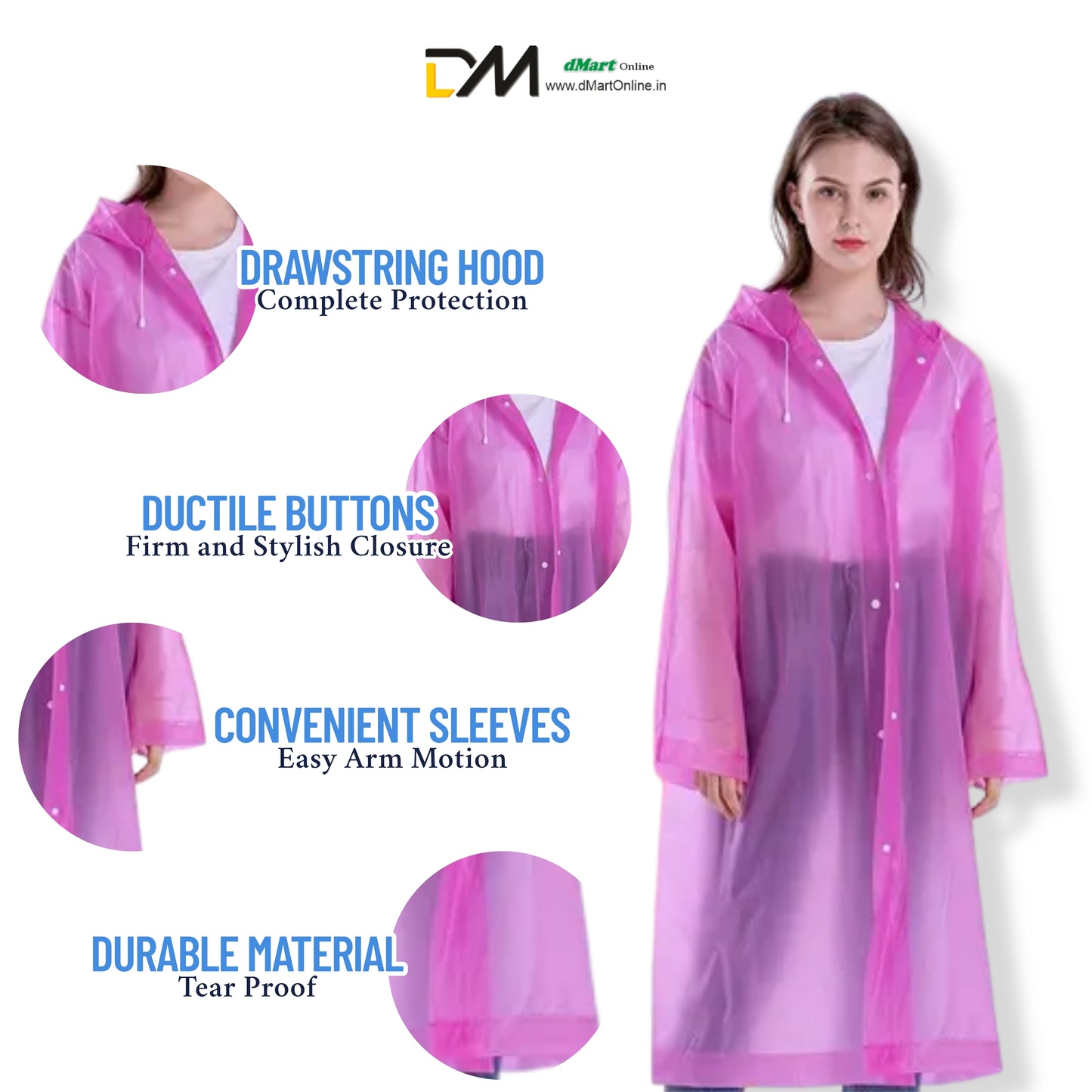 DMart Online (Set of 3pc) Reusable Button RAIN Coat | PREMIUM Quality | Free Size